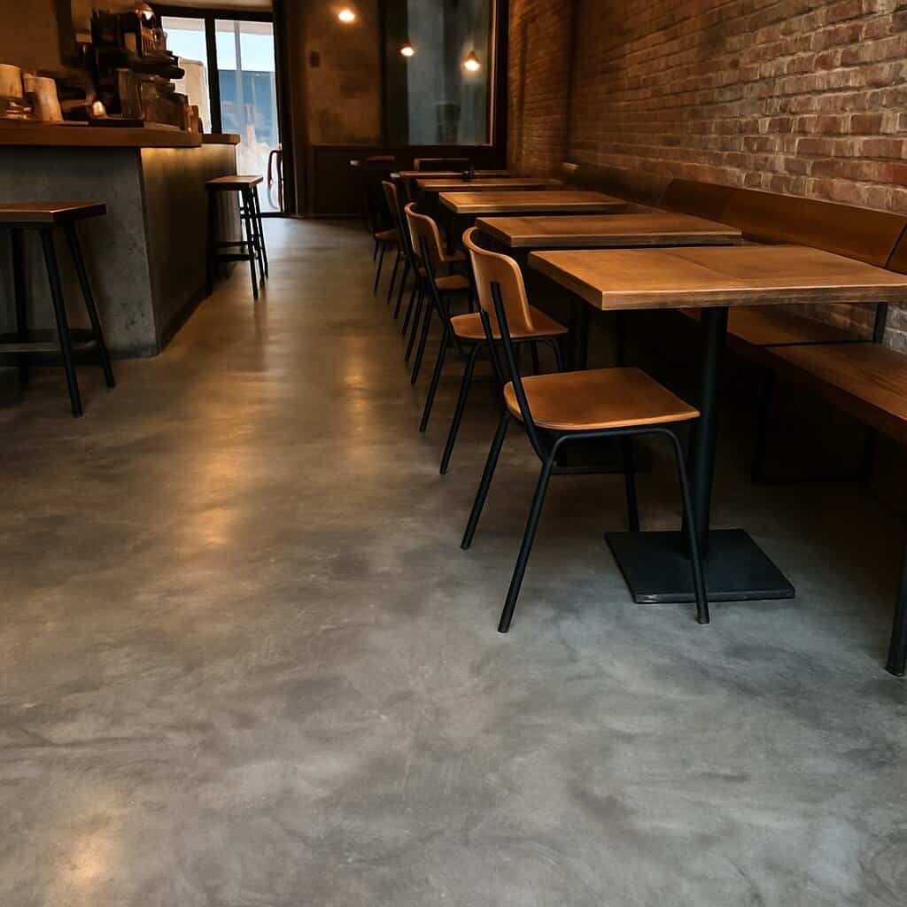 Résine Industrie Lorraine - Pose de sols professionnels en béton ciré taloché dans un restaurant au style industriel