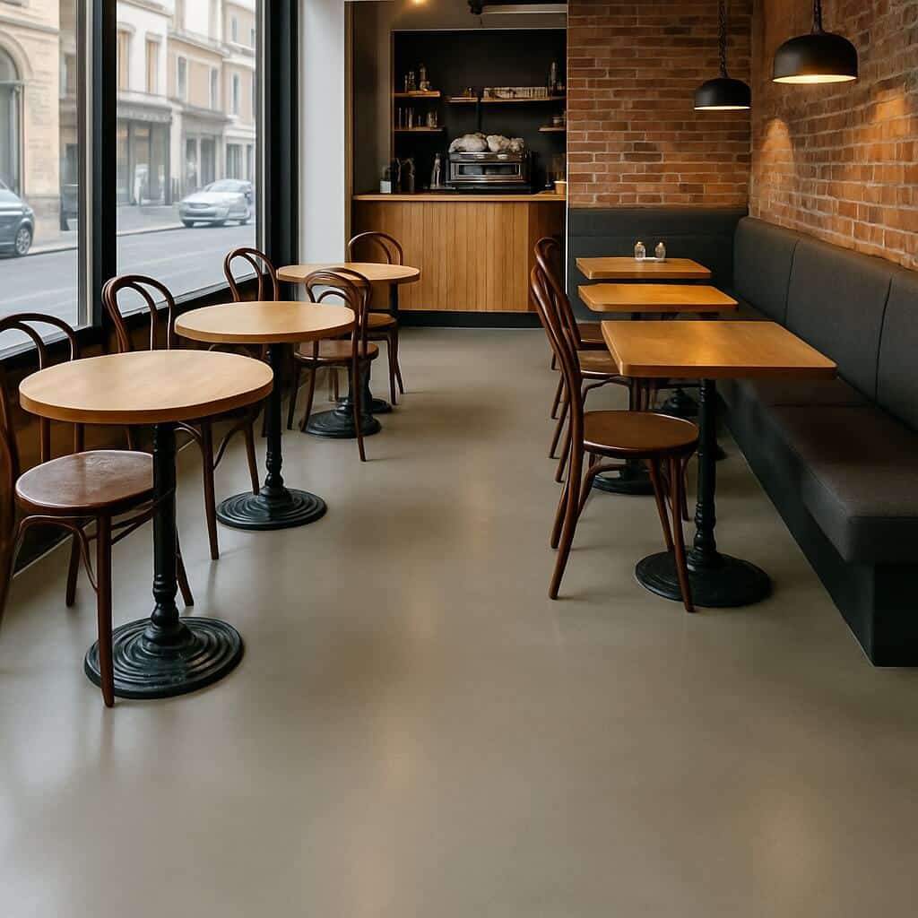Résine Industrie Lorraine - Pose d'un sol en béton ciré coulé autolissant dans un café à Nancy
