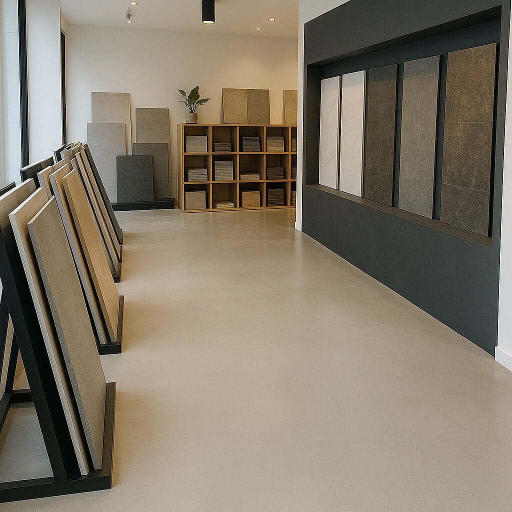Résine Industrie - Pose de sols en béton ciré coulé pour le showroom d'une entreprise spécialisée dans la pose de carrelage en Lorraine