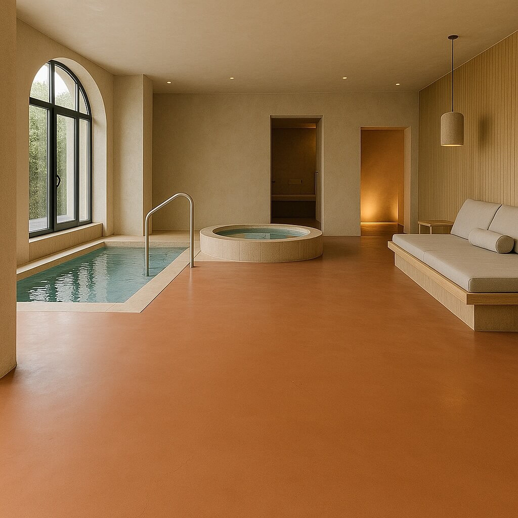 Résine Industrie - Pose d'un sol en béton ciré autolissant dans un spa en Lorraine